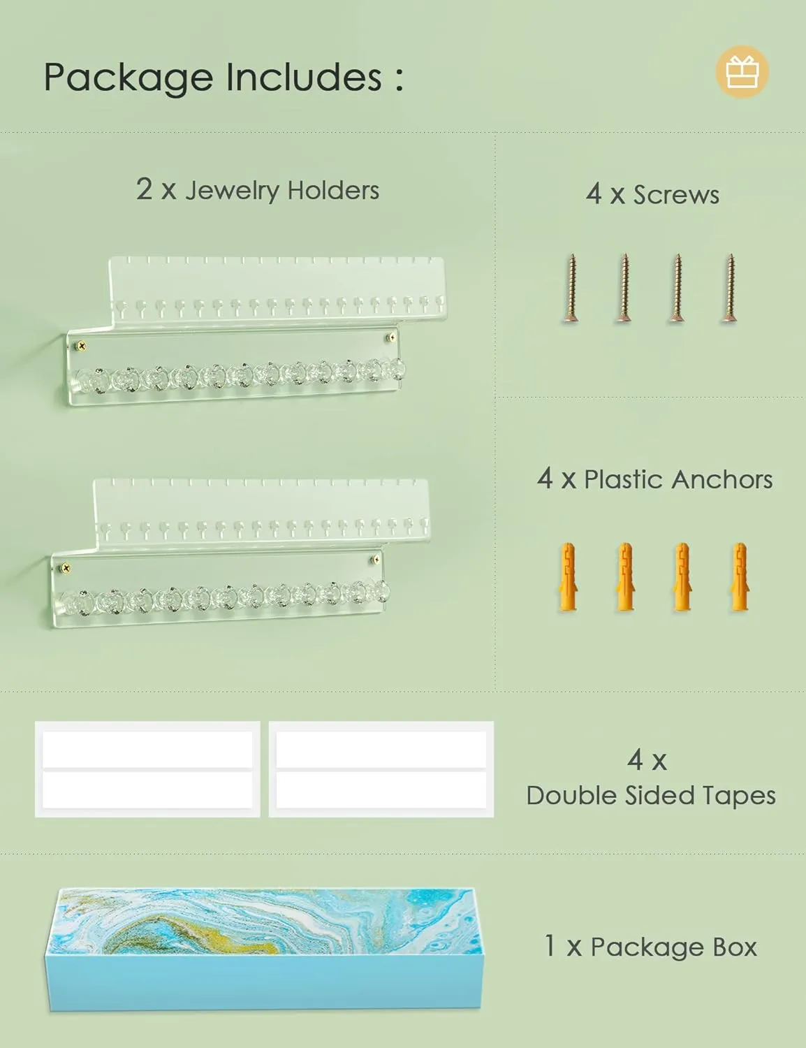 Acrylic Hanging Jewelry Organizer Wall Mounted Jewelry Holder with Floating Shelf, Necklace Holder Organizer and Stud Earring Organizer for Women Girls (2 Pack)