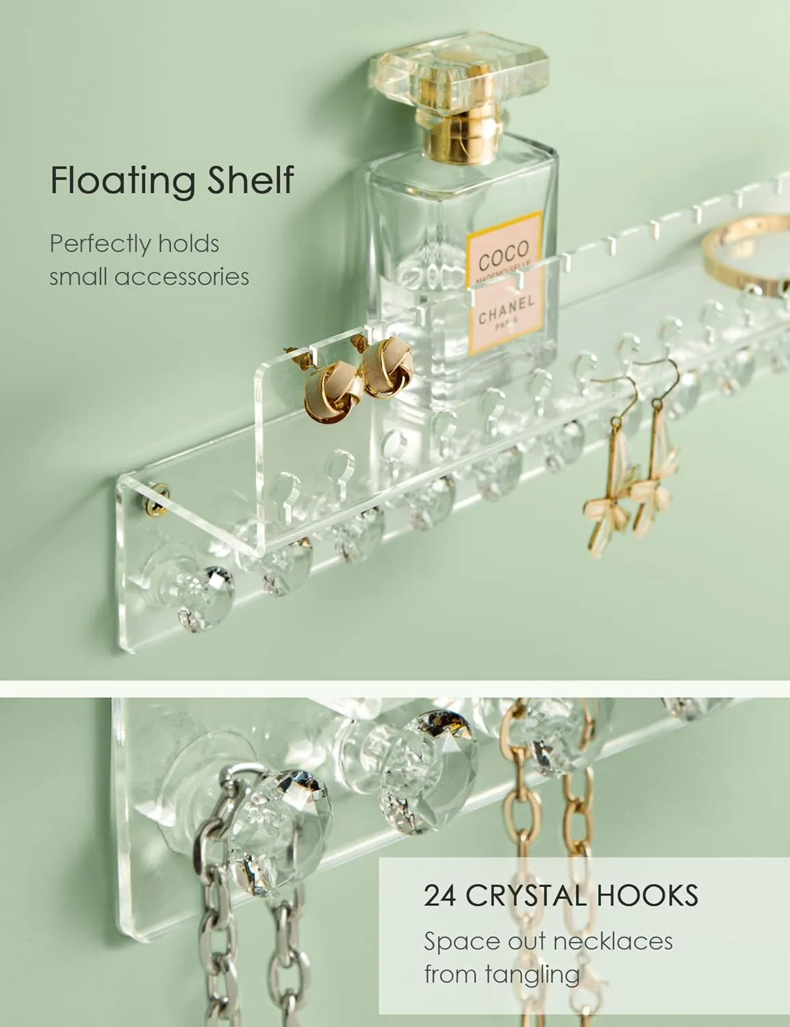 Acrylic Hanging Jewelry Organizer Wall Mounted Jewelry Holder with Floating Shelf, Necklace Holder Organizer and Stud Earring Organizer for Women Girls (2 Pack)