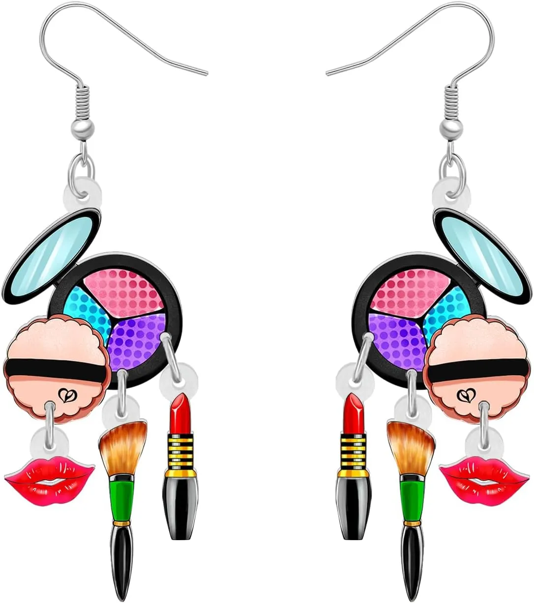 Acrylic Novelty Eye Shadow Plate Makeup Brush Lipstick Earrings Cartoon Cosmetic Tools Dangle Jewelry For Women Makeup Lovers Fashion Gifts