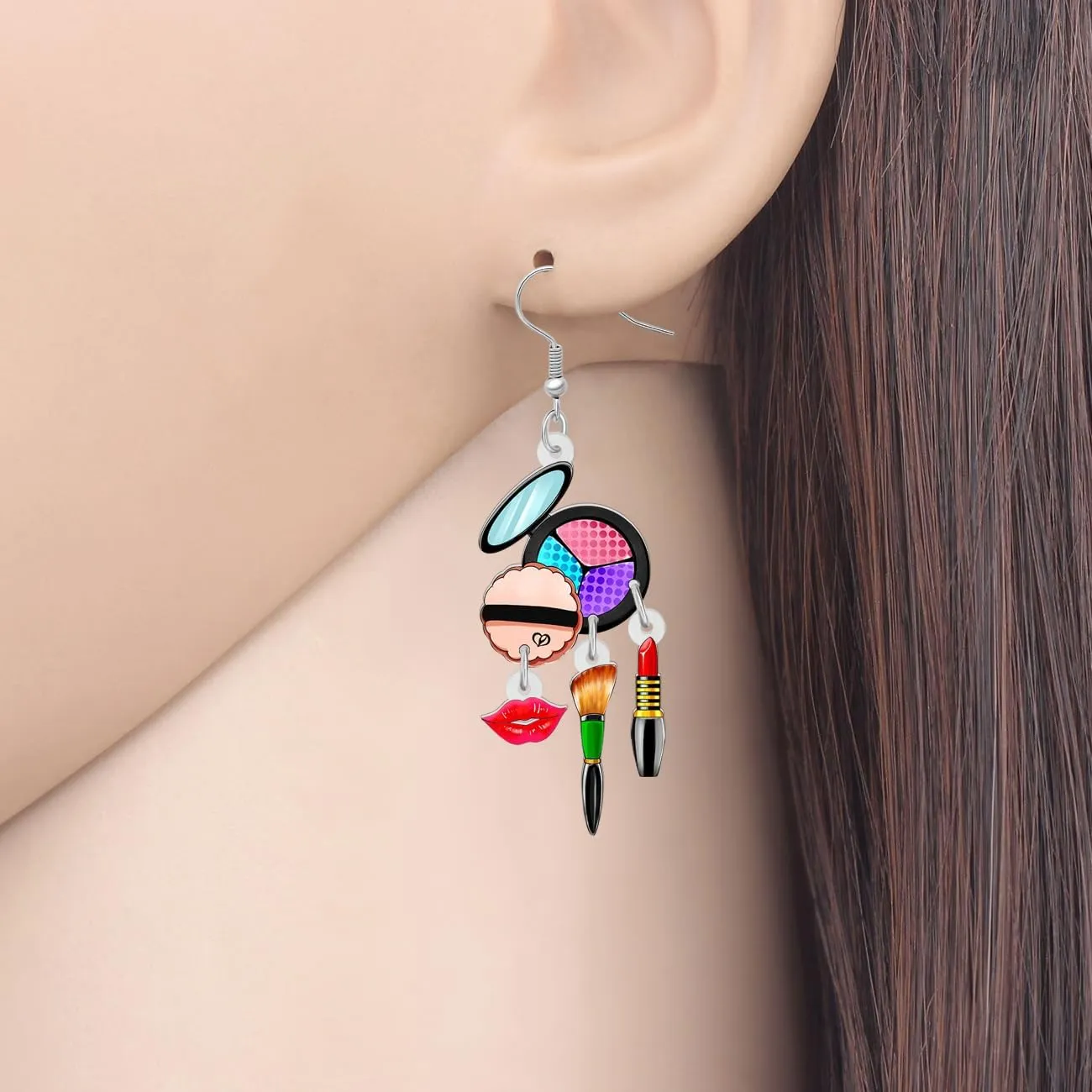 Acrylic Novelty Eye Shadow Plate Makeup Brush Lipstick Earrings Cartoon Cosmetic Tools Dangle Jewelry For Women Makeup Lovers Fashion Gifts