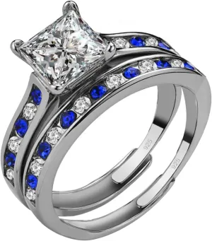 Adjustable size WHite and Blue Wedding Ring Sets for Women 1ct CZ S925 Sterling Silver Engagement Ring