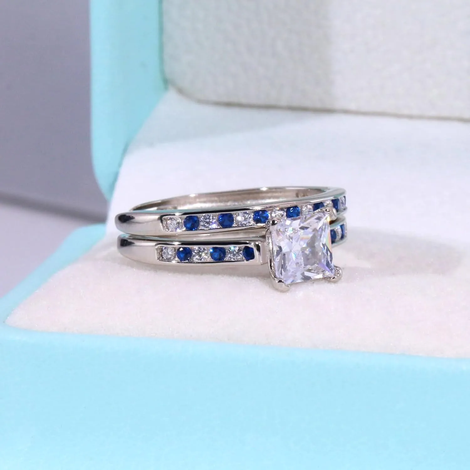 Adjustable size WHite and Blue Wedding Ring Sets for Women 1ct CZ S925 Sterling Silver Engagement Ring