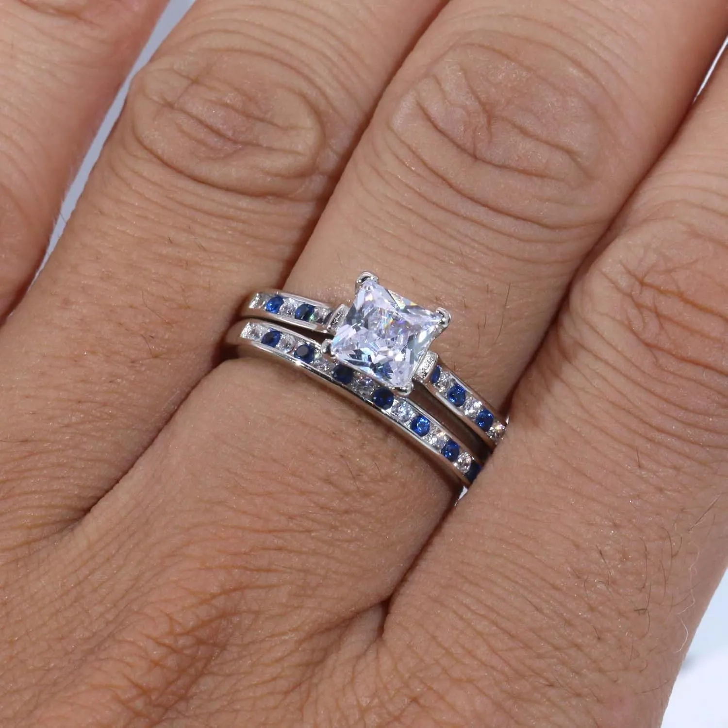 Adjustable size WHite and Blue Wedding Ring Sets for Women 1ct CZ S925 Sterling Silver Engagement Ring