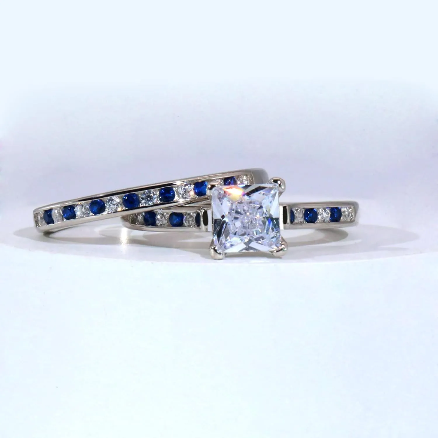 Adjustable size WHite and Blue Wedding Ring Sets for Women 1ct CZ S925 Sterling Silver Engagement Ring