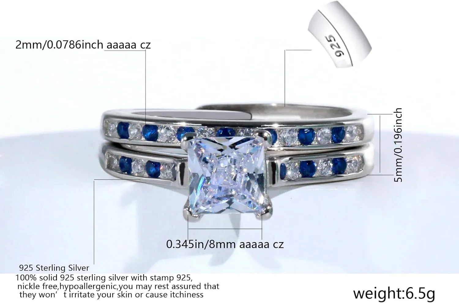 Adjustable size WHite and Blue Wedding Ring Sets for Women 1ct CZ S925 Sterling Silver Engagement Ring