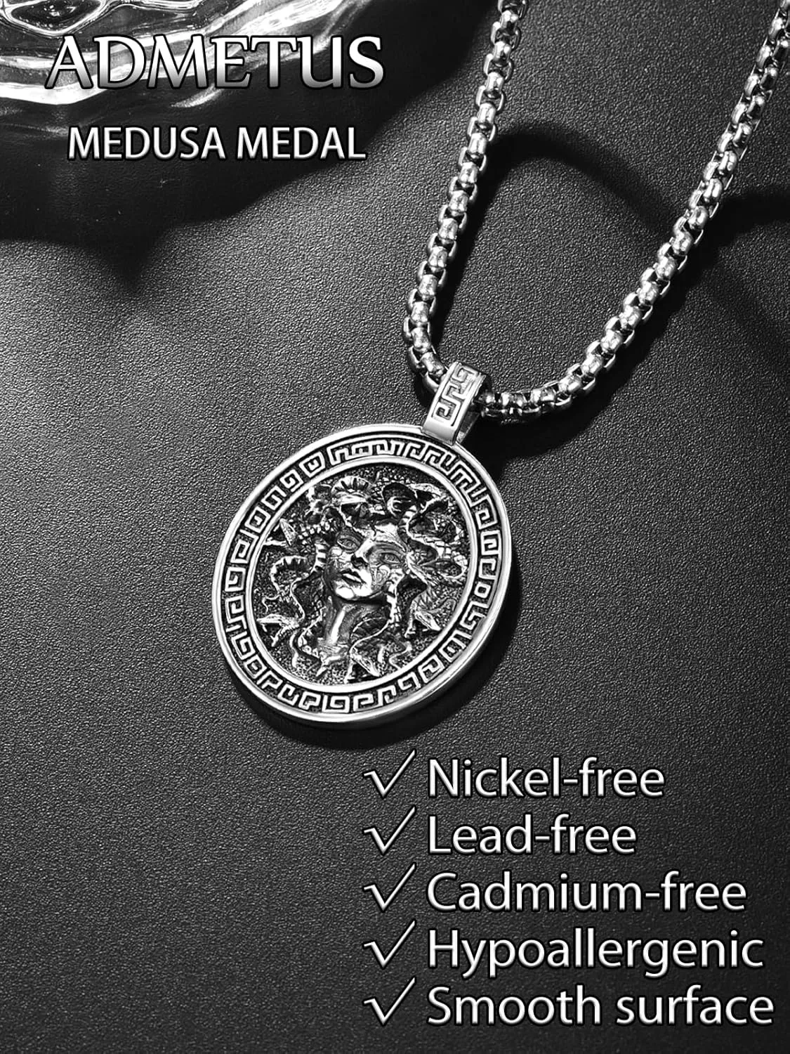 ADMETUS 925 Sterling Silver Greek God Necklaces, Amulet Pendant Necklace, Greek Mythology Protection Jewelry Gifts for Men with 2.5mm 22" 2" Rolo Chain