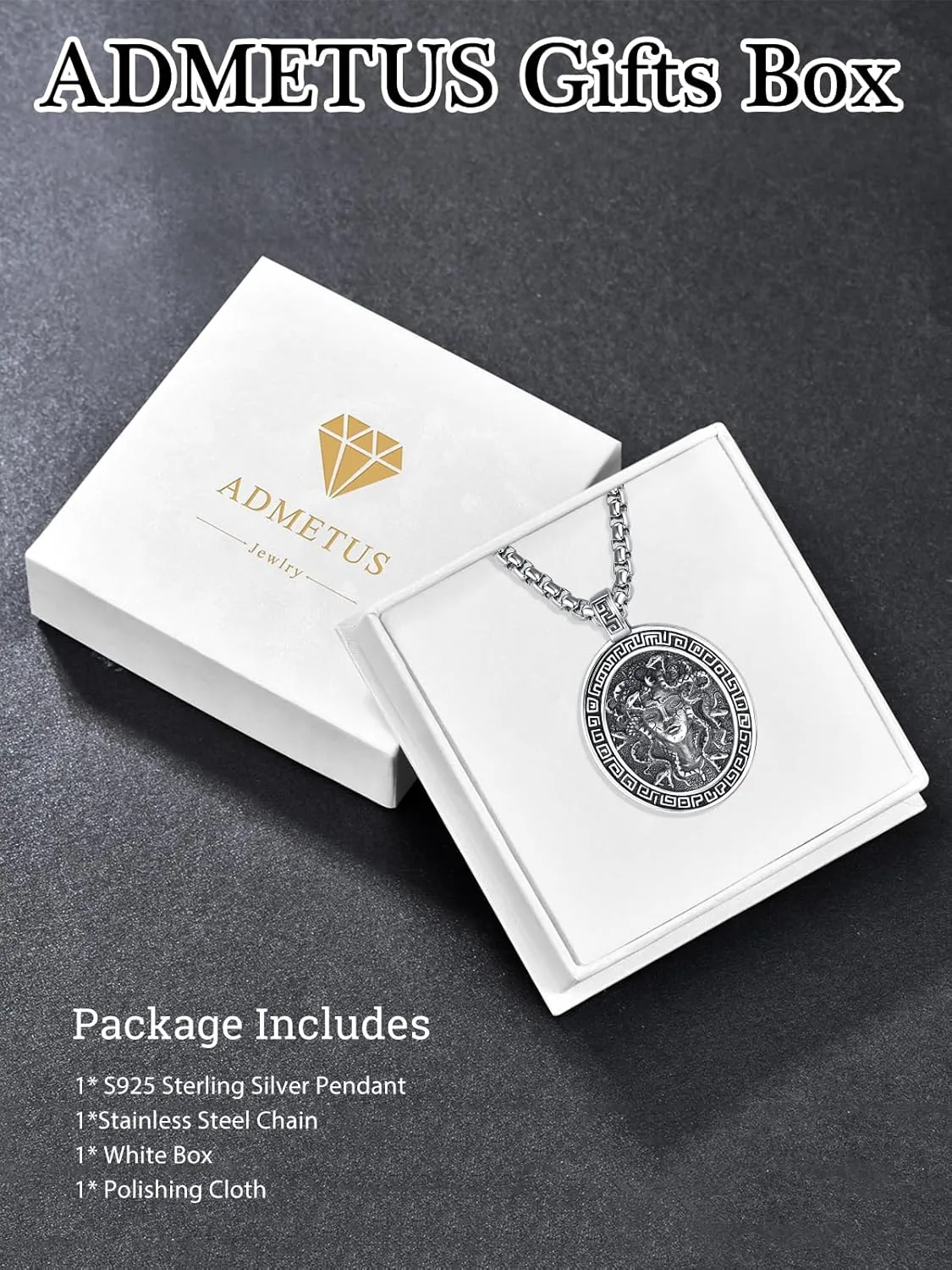 ADMETUS 925 Sterling Silver Greek God Necklaces, Amulet Pendant Necklace, Greek Mythology Protection Jewelry Gifts for Men with 2.5mm 22" 2" Rolo Chain