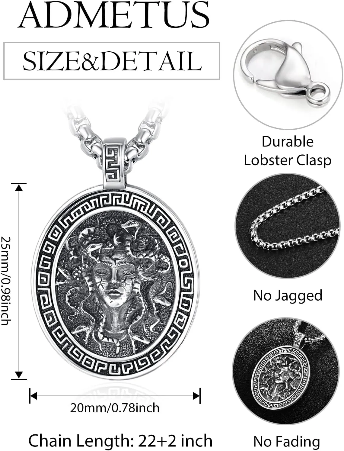 ADMETUS 925 Sterling Silver Greek God Necklaces, Amulet Pendant Necklace, Greek Mythology Protection Jewelry Gifts for Men with 2.5mm 22" 2" Rolo Chain