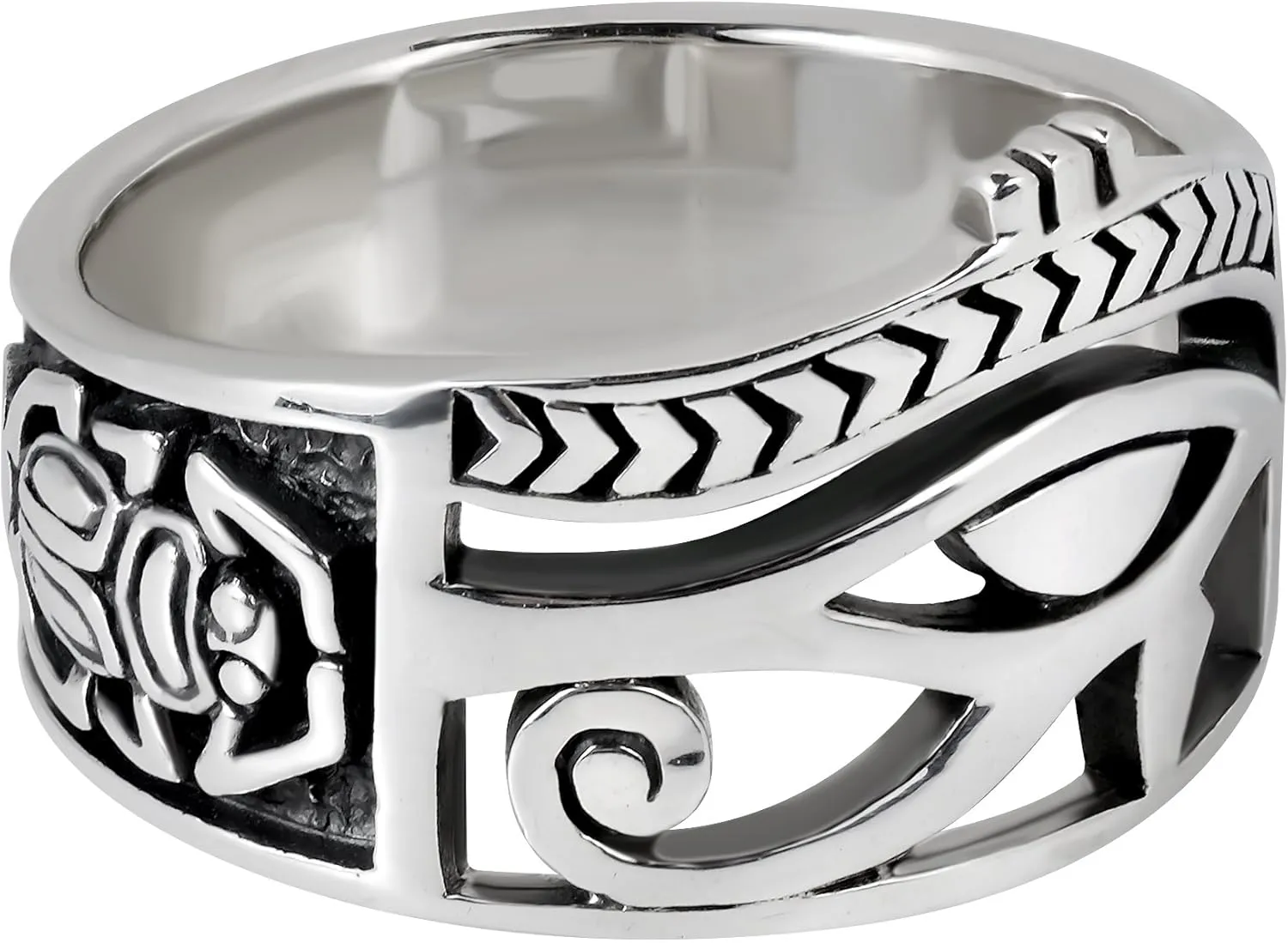 AeraVida Egyptian Eye of Horus Ankh Cross .925 Sterling Silver Ring | Sterling Silver Eye of Horus Ring | Ankh Cross Ring Silver | Egyptian Eye Ring | Unisex Silver Rings | Comfort Fit USA Sizes 6-14