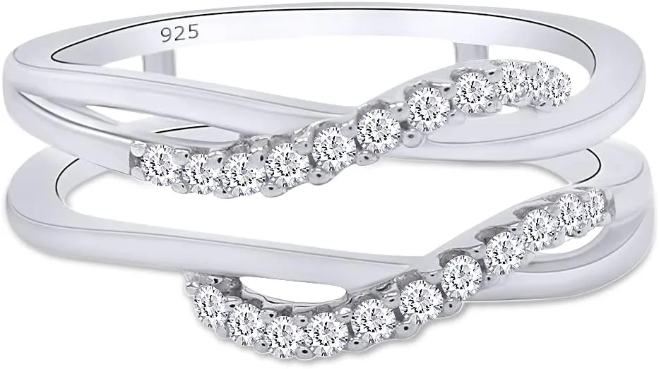 AFFY Sterling Silver Delicate Bypass Infinity Style Vintage Wedding Ring Guard Enhancer with Cubic Zirconia (0.20 cttw)