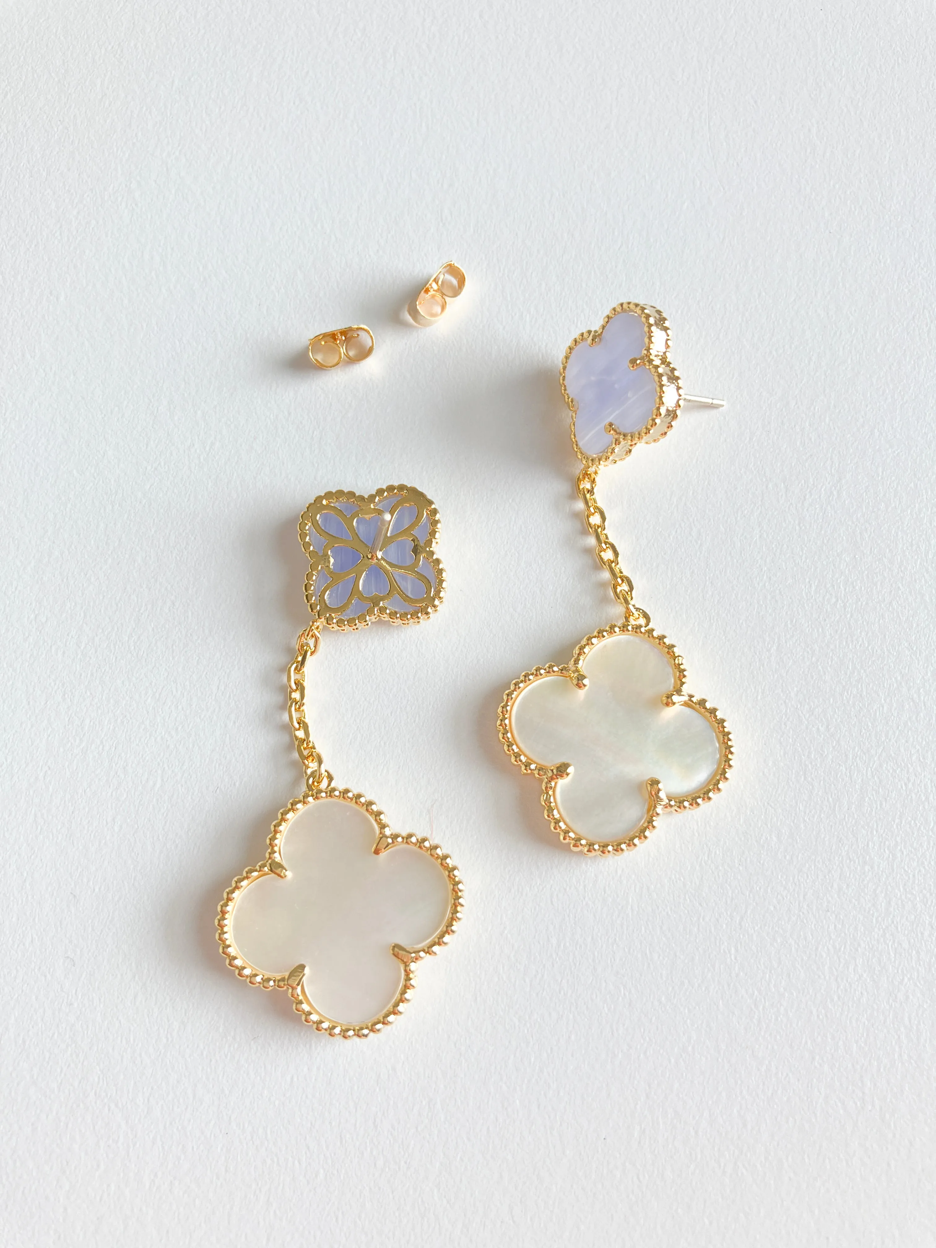 Agate and Mother of Pearl Quatrefoil Drop Earrings in Gold