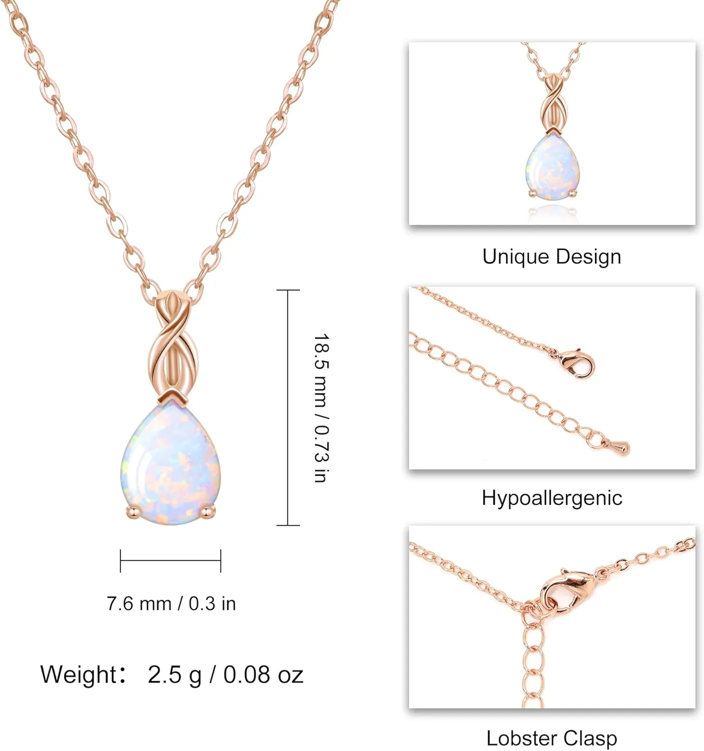 AILUOR White Opal Necklaces for Women, Rose Gold Plated Dainty 11mm Round Gemstone Pendant October Birthstone Pendant Necklace for Women Bridal Wedding Jewelry Birthday Gift for Wife Mom Her