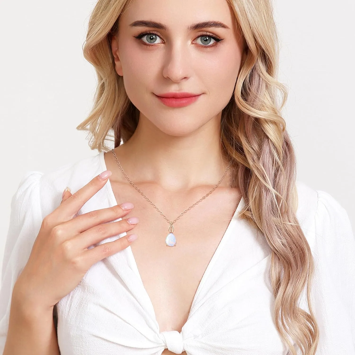 AILUOR White Opal Necklaces for Women, Rose Gold Plated Dainty 11mm Round Gemstone Pendant October Birthstone Pendant Necklace for Women Bridal Wedding Jewelry Birthday Gift for Wife Mom Her