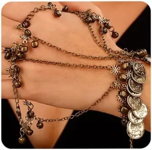 Aimimier Boho Coins Link Hand Chain Bracelet with 5 Finger Rings Vintage Metal Bells Belly Dance Bracelets Halloween Costume Accessory for Women