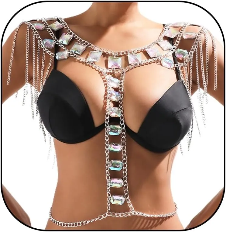 Aiosy Sparkly Rhinestone Body Chain Bra Silver Women Crystal Backless Tassel Chest Chains Bikini Halter Mesh Tops Layered Rave Outfits Jewelry Sexy Harness Body Accessories for Nightclub Festival
