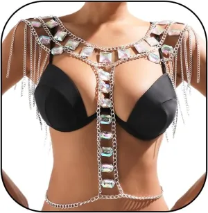 Aiosy Sparkly Rhinestone Body Chain Bra Silver Women Crystal Backless Tassel Chest Chains Bikini Halter Mesh Tops Layered Rave Outfits Jewelry Sexy Harness Body Accessories for Nightclub Festival
