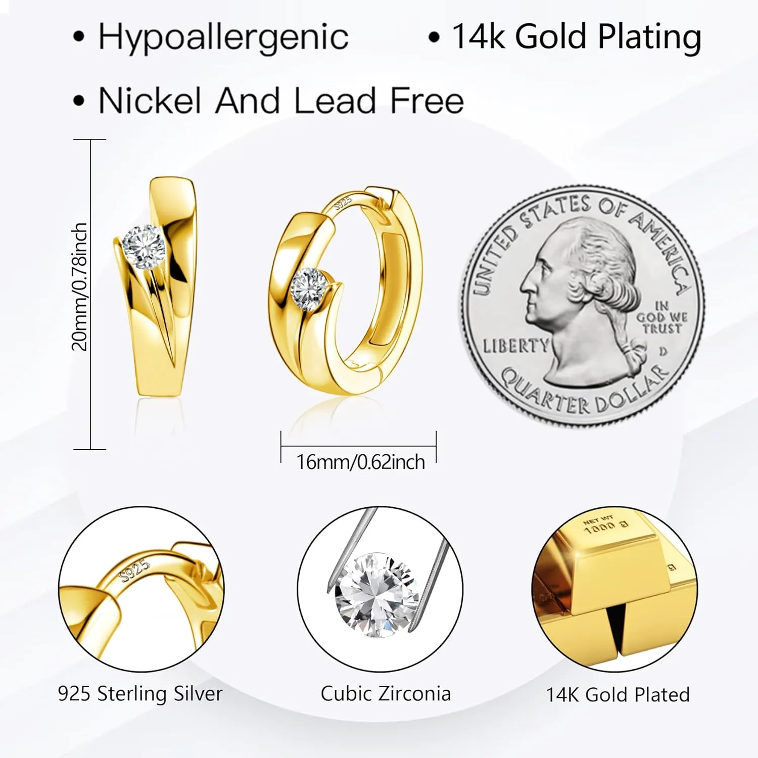 ALEXCRAFT 14K Goldplated Hoop Earrings for Women, Hypoallergen Small Tiny 925 Sterling Silver Sleeper Cartilage Twist Huggie Hoop Earrings With Ball Zirconia Shiny Simple Elegant Jewelry for Women