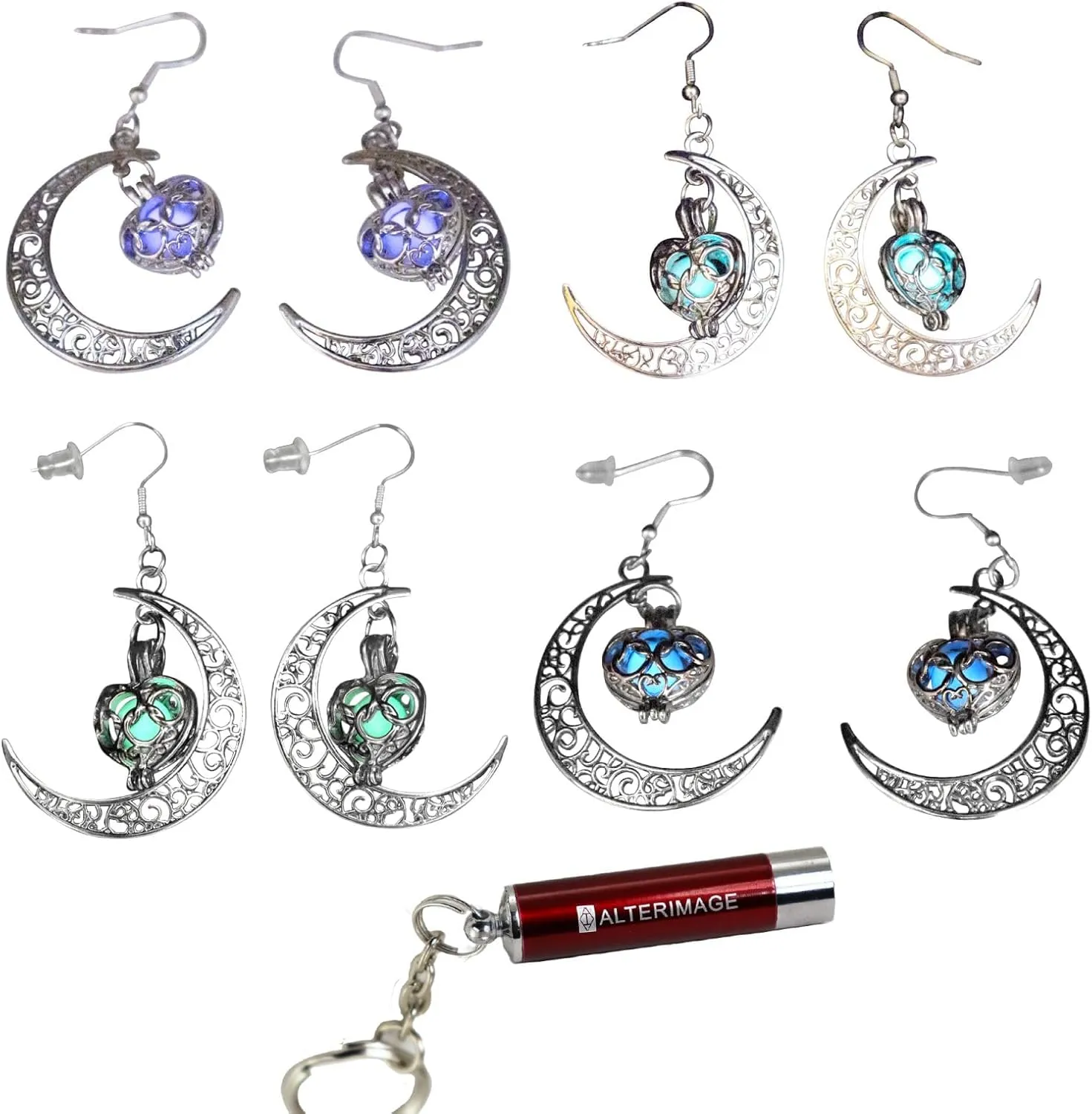 AlterImage Enchanting Crescent Moon Earrings Set Glow In The Dark 4 Luminous Jewelry Purple Green Blue & Sky Blue Includes UV Light