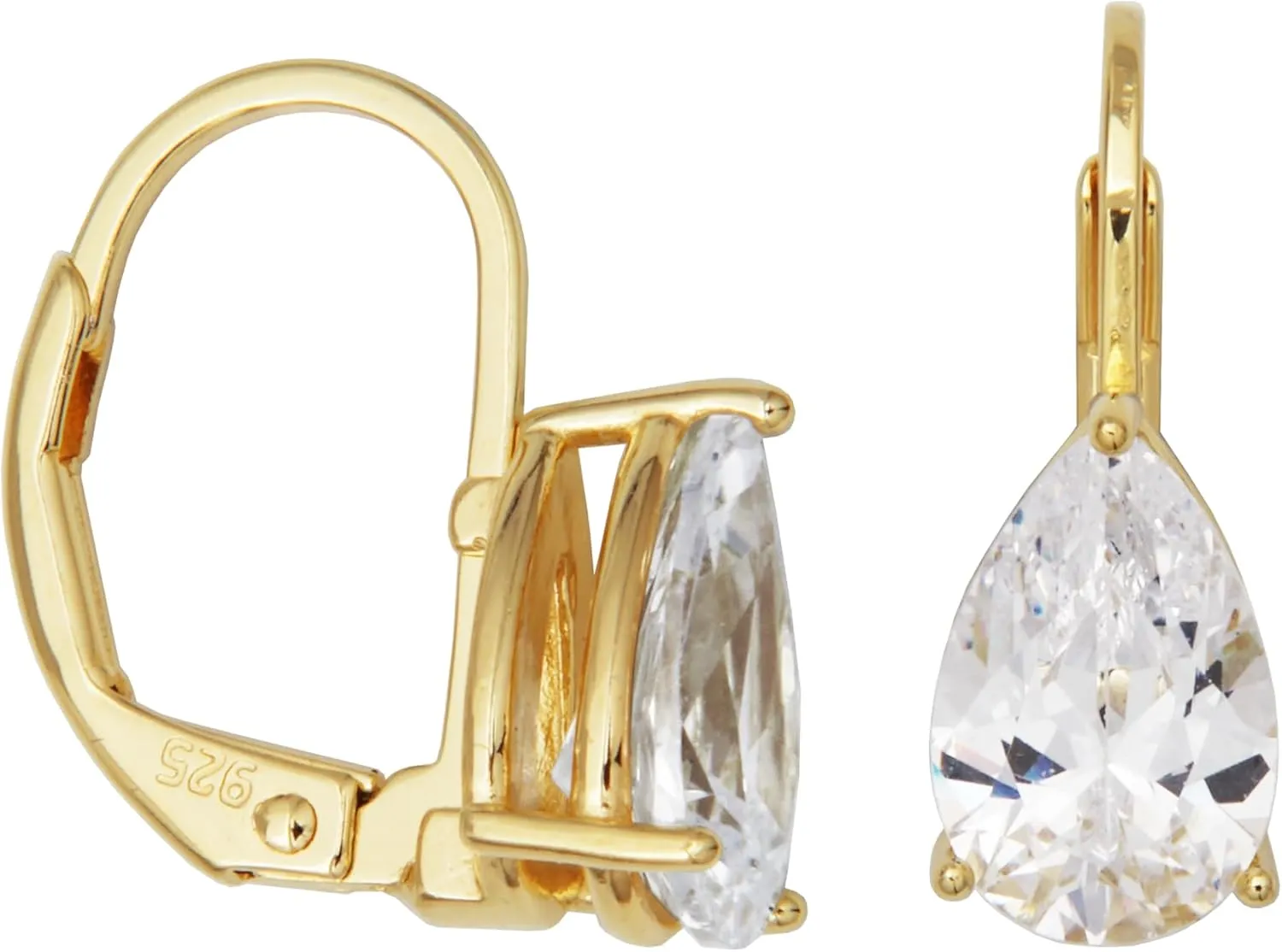 Amazon Essentials Sterling Silver or Gold Plated Sterling Silver Pear Cut Cubic Zirconia Leverback Earrings (previously Amazon Collection)