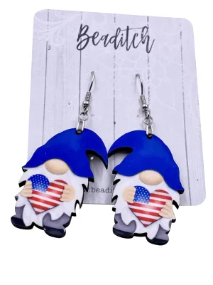 American Flag Heart Gnome - Patriotic Gnome Earrings 4th of July Gnomes