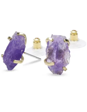 Amethyst Stud Earrings, Natural Amethyst Stone Prong Setting Gold Tone Earrings, Reiki Healing Purple Earrings for Women, February Birthstone Earrings Gift for Her