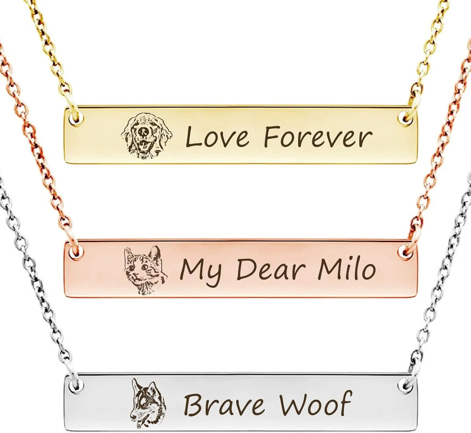 Anavia Custom Pet Portrait & Name Bar Necklace, Photo Engraved Personalized Pet Gifts Necklace, Memorial Jewelry Gift, Cat Dog Necklace for Animal Lover, Dog Mom, Birthday Gift