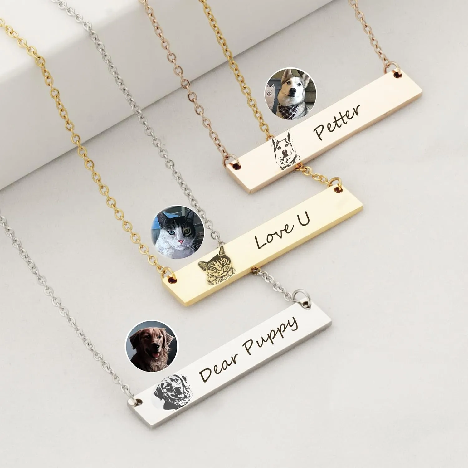Anavia Custom Pet Portrait & Name Bar Necklace, Photo Engraved Personalized Pet Gifts Necklace, Memorial Jewelry Gift, Cat Dog Necklace for Animal Lover, Dog Mom, Birthday Gift
