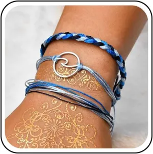 Andelaisi Boho Layered Blue Braided Rope Bracelet Summer Surfer Wave Strand Vsco Bracelets Blue Wax Rope Chain Bracelet Silver Ocean Wave Bracelet Hand Chain Jewelry for Women 3PC