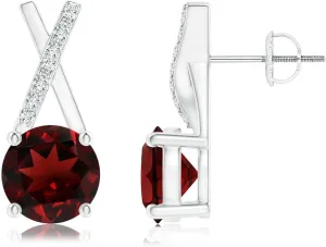 ANGARA Natural Garnet and Diamond XO Stud Earrings in Silver / 14K Solid Gold/Platinum | January Birthstone, Birthday, Engagement, Anniversary, Wedding Jewelry Gift for Women