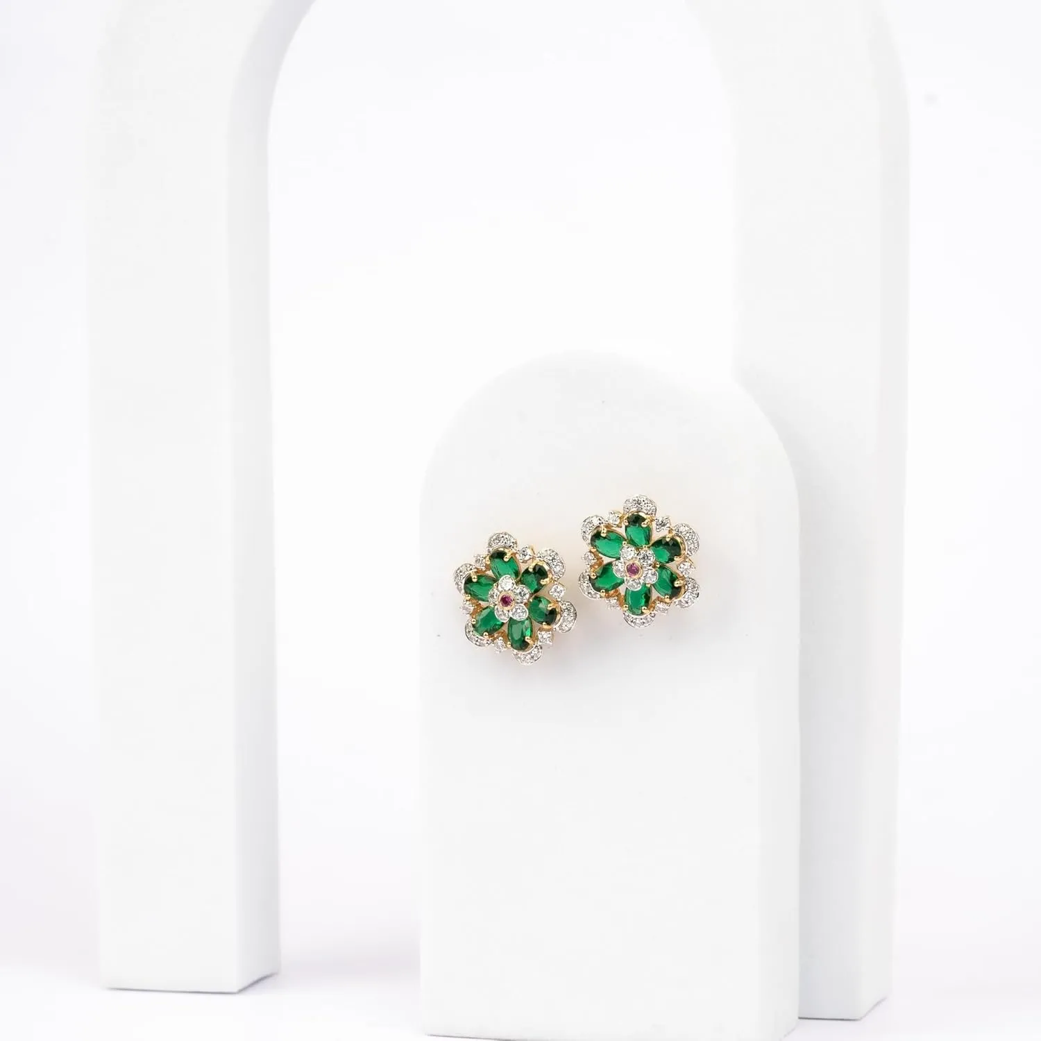 Antique Flower Stud Earrings in 925 Sterling Silver/White Gold Plated Moissanite and Emerald Floral Earrings for Wedding Anniversary Birthday