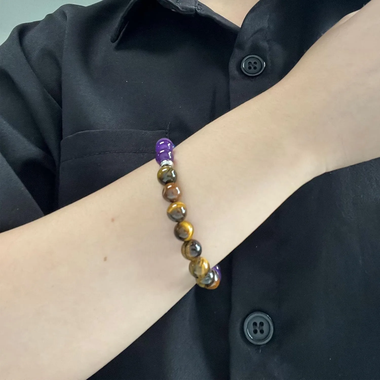 Anxiety Beaded Bracelet for Women Natural Healing Crystal Bracelet Yoga Beads Chakra Bracelets Triple Protection Bracelet Handmade Stretch Fidget Bracelet Tiger Eyes Bracelet for Men Good Luck Jewelry
