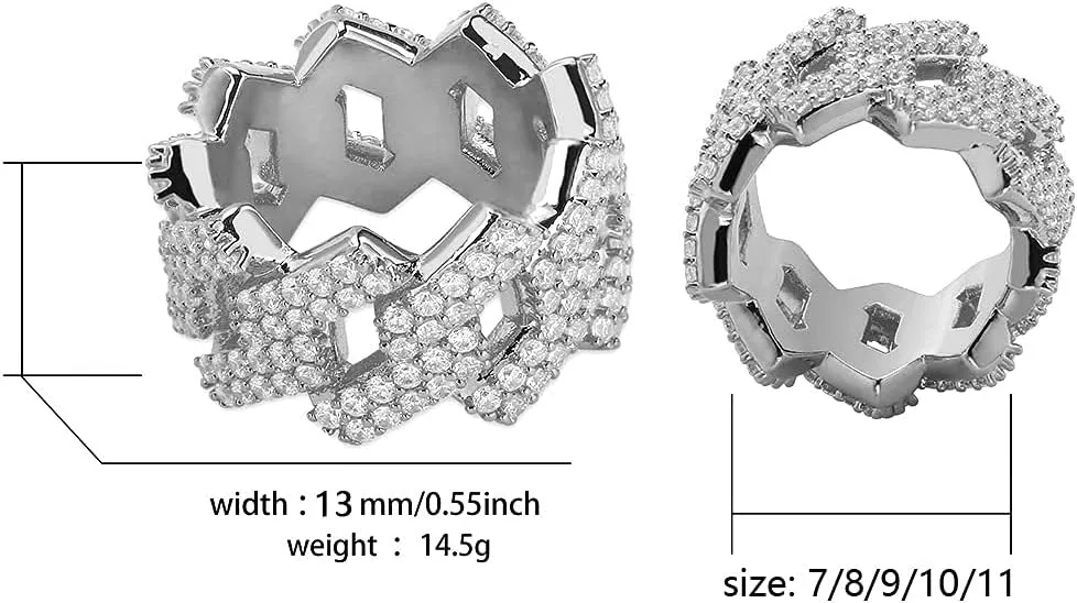Apzzic 13mm Cuban Link Ring Bling Iced Out 2 Row CZ Diamond Hip Hop Engagement Band Ring for Women Men