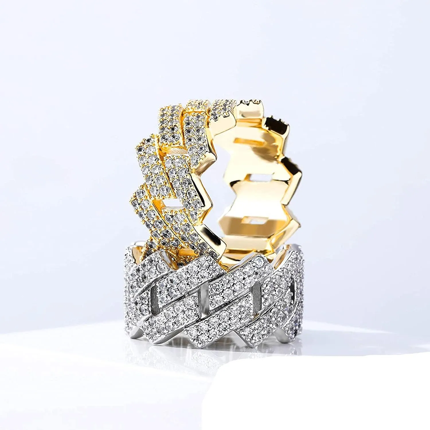 Apzzic 13mm Cuban Link Ring Bling Iced Out 2 Row CZ Diamond Hip Hop Engagement Band Ring for Women Men