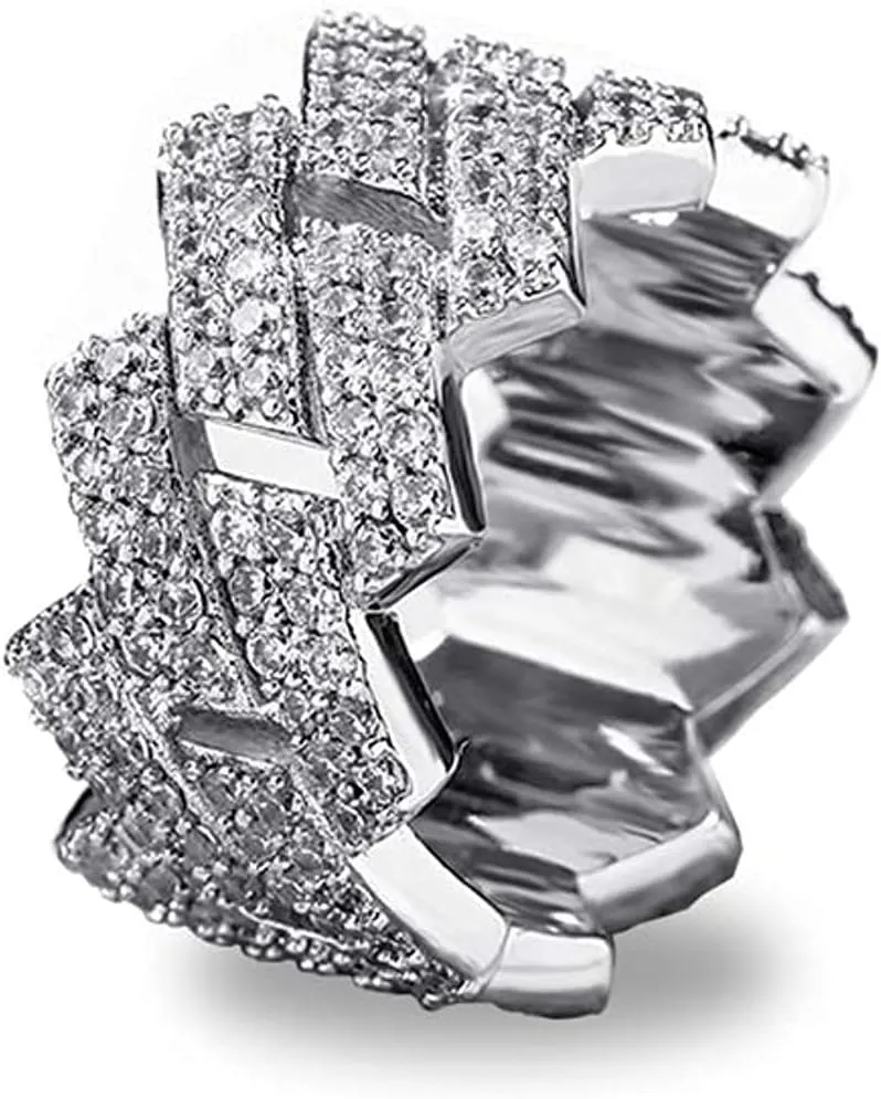 Apzzic 13mm Cuban Link Ring Bling Iced Out 2 Row CZ Diamond Hip Hop Engagement Band Ring for Women Men