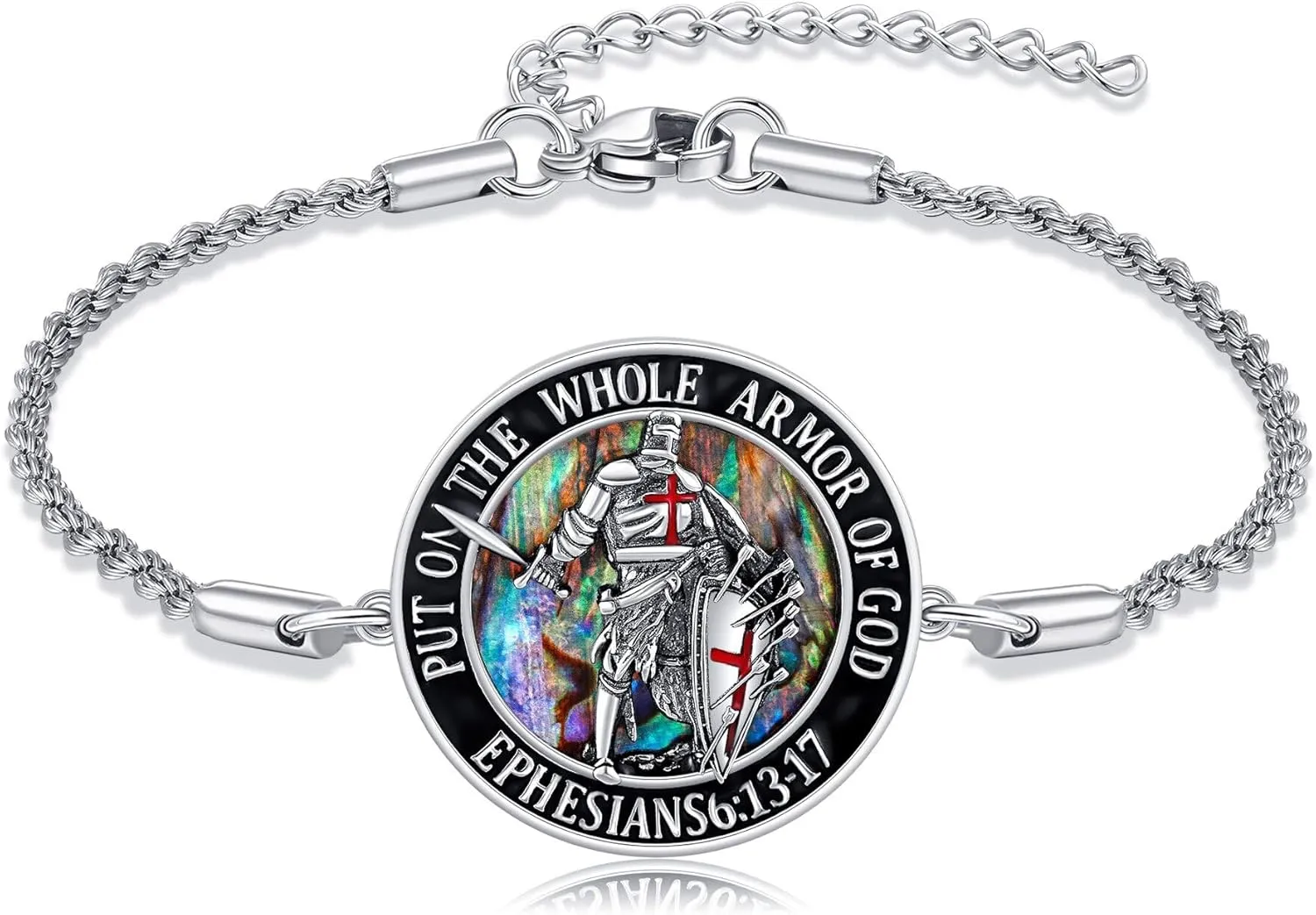 Armor of God Bracelet 925 Sterling Silver Abalone Shell Knights Templar Bracelets Christian Religious Amulet Catholic Jewelry Mothers Gifts for Women Men