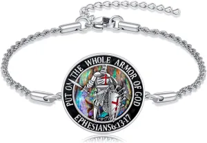 Armor of God Bracelet 925 Sterling Silver Abalone Shell Knights Templar Bracelets Christian Religious Amulet Catholic Jewelry Mothers Gifts for Women Men
