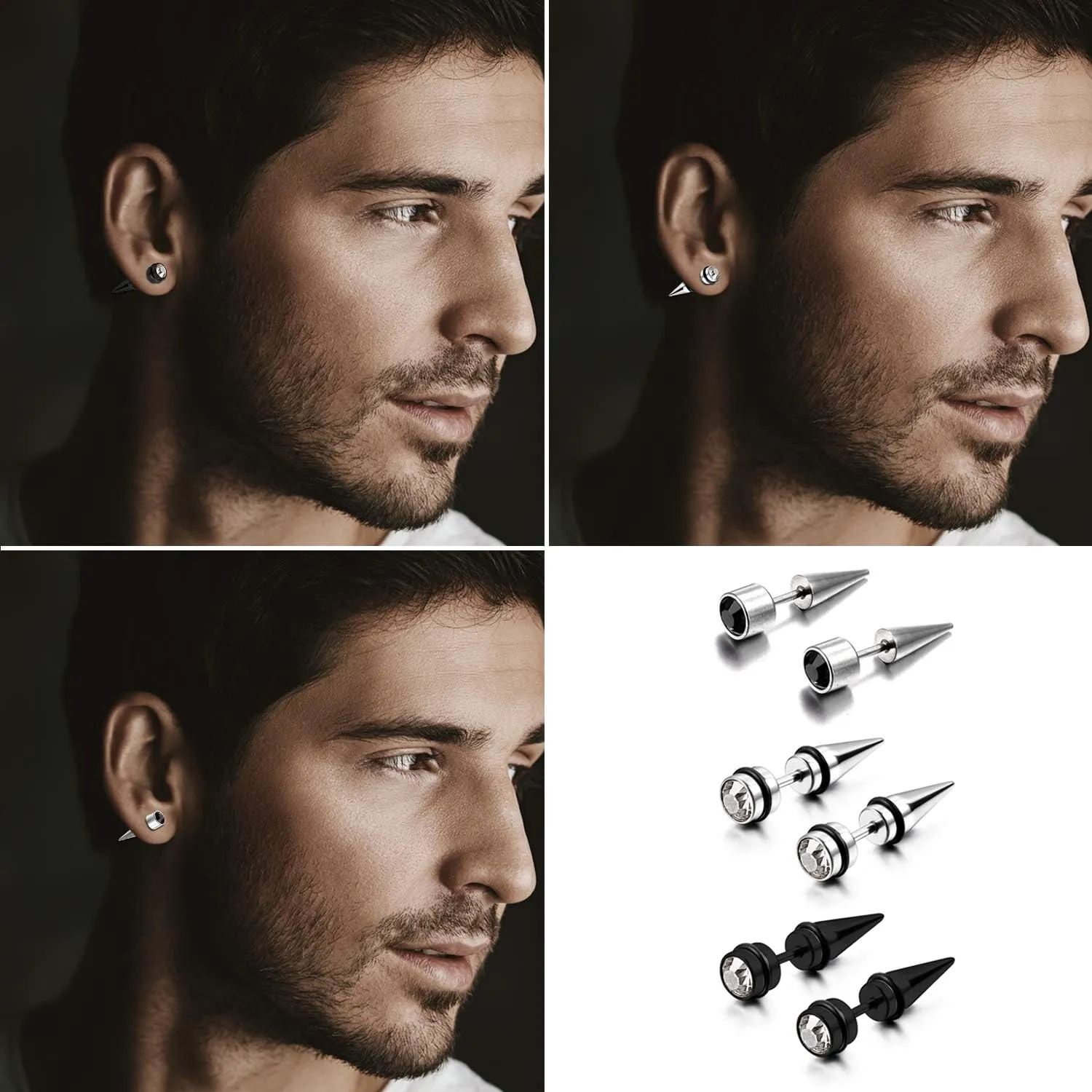 Aroncent 12PCS Stainless Steel Fake Tapers Mens Earrings Illusion Tunnel Cheater Piercing Jewelry Set for Men Women