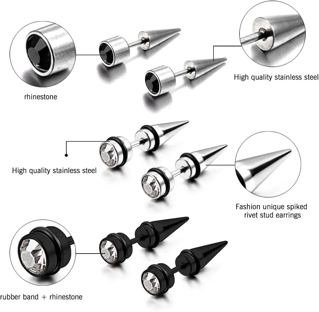 Aroncent 12PCS Stainless Steel Fake Tapers Mens Earrings Illusion Tunnel Cheater Piercing Jewelry Set for Men Women