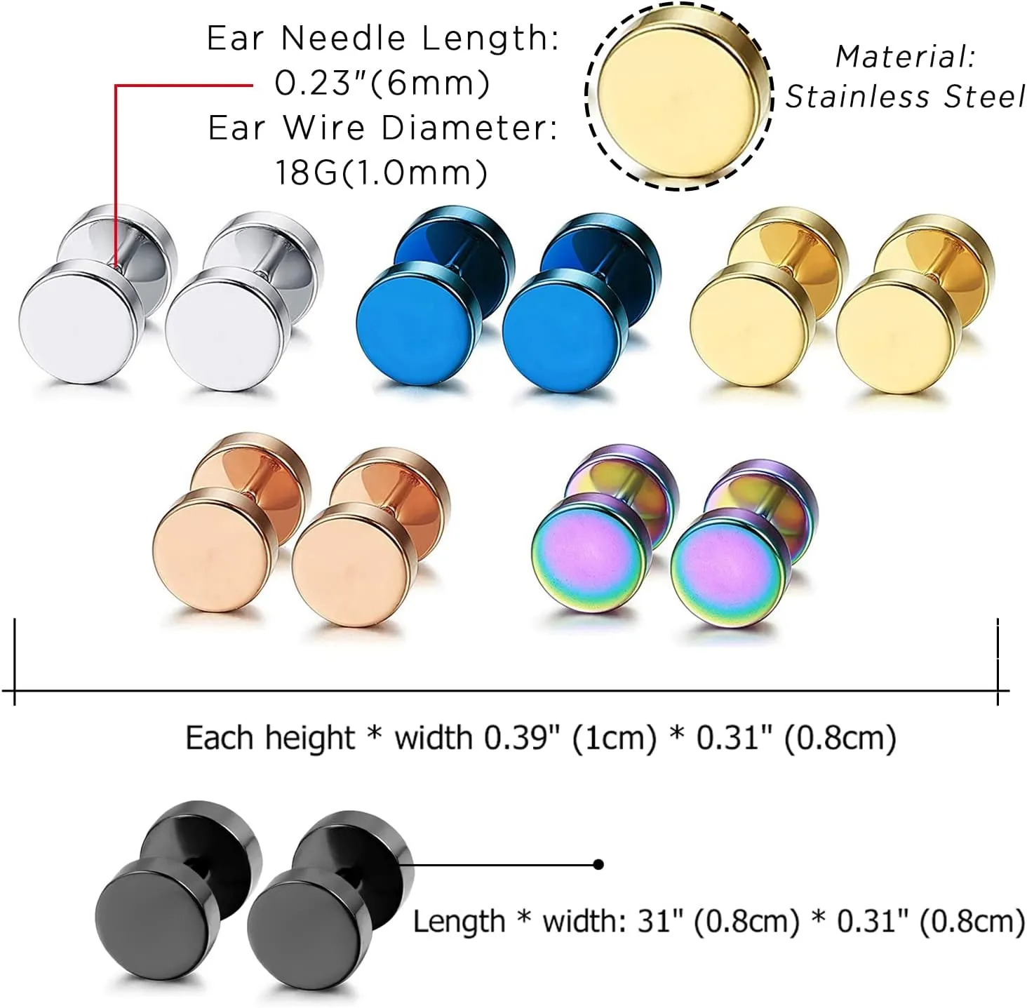 Aroncent 6 Pairs 4-14mm Black Earrings for Men Women Fake Gauges Fake Earrings Stainless Steel Earrings Set