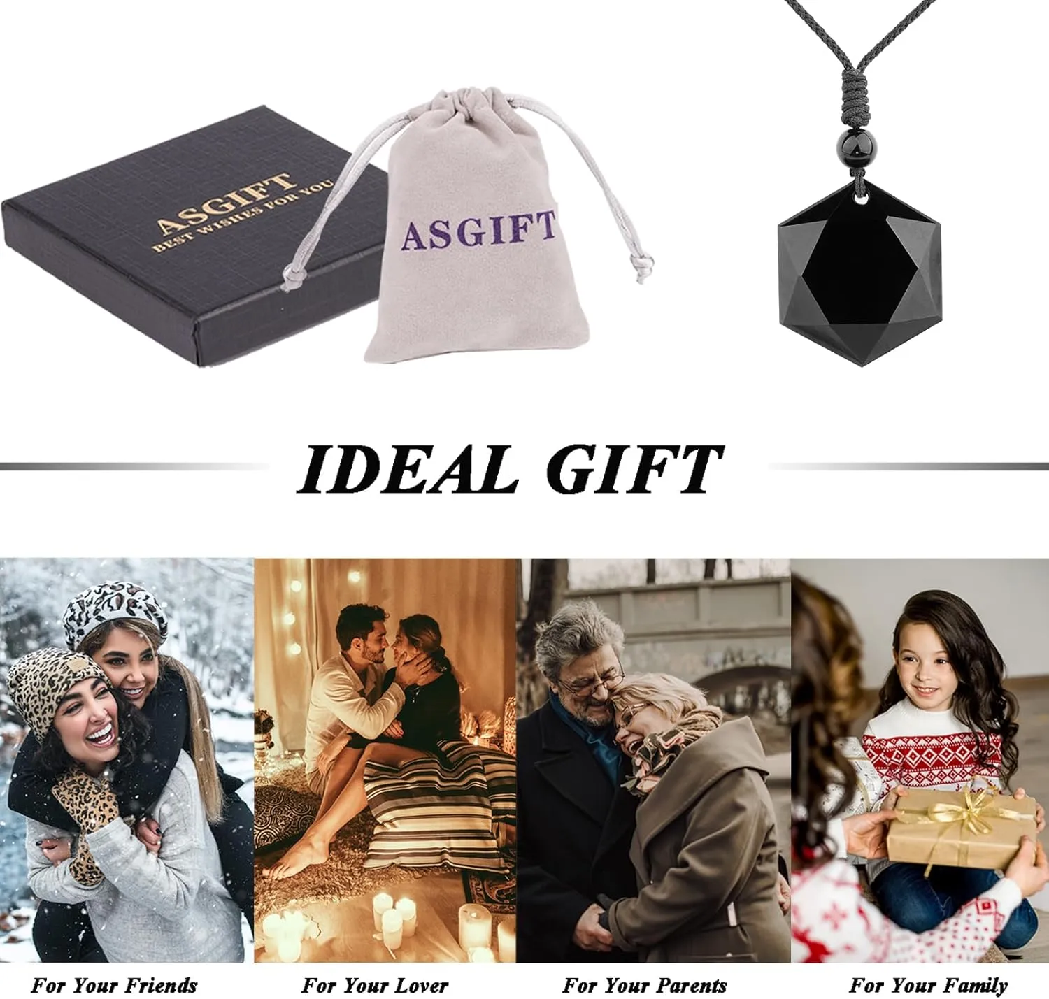 ASGIFT Black Obsidian Necklace Healing Crystal Stone Amulet Protection Pendant with Adjustable Rope Necklace Birthday Christmas Gift for Men Women