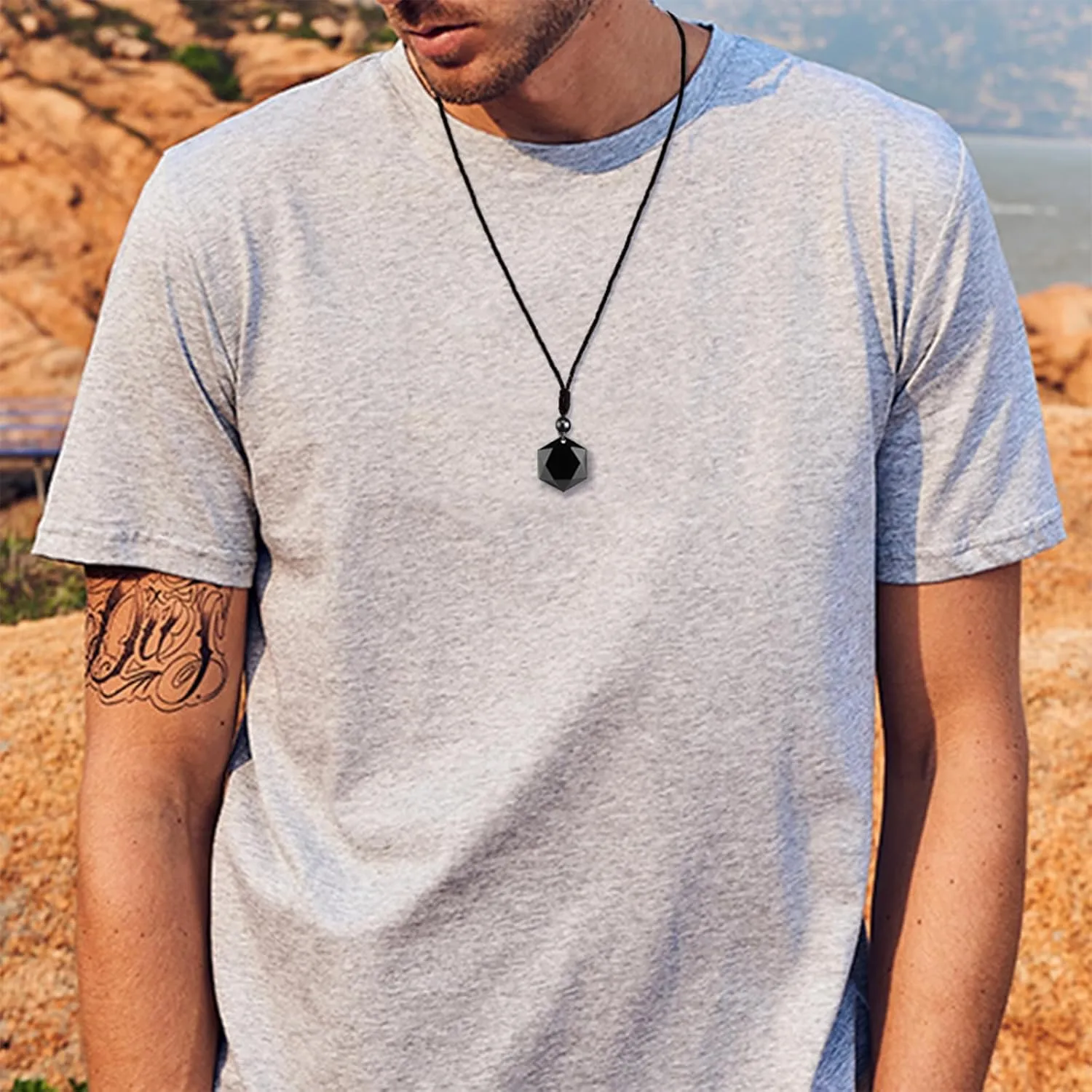 ASGIFT Black Obsidian Necklace Healing Crystal Stone Amulet Protection Pendant with Adjustable Rope Necklace Birthday Christmas Gift for Men Women