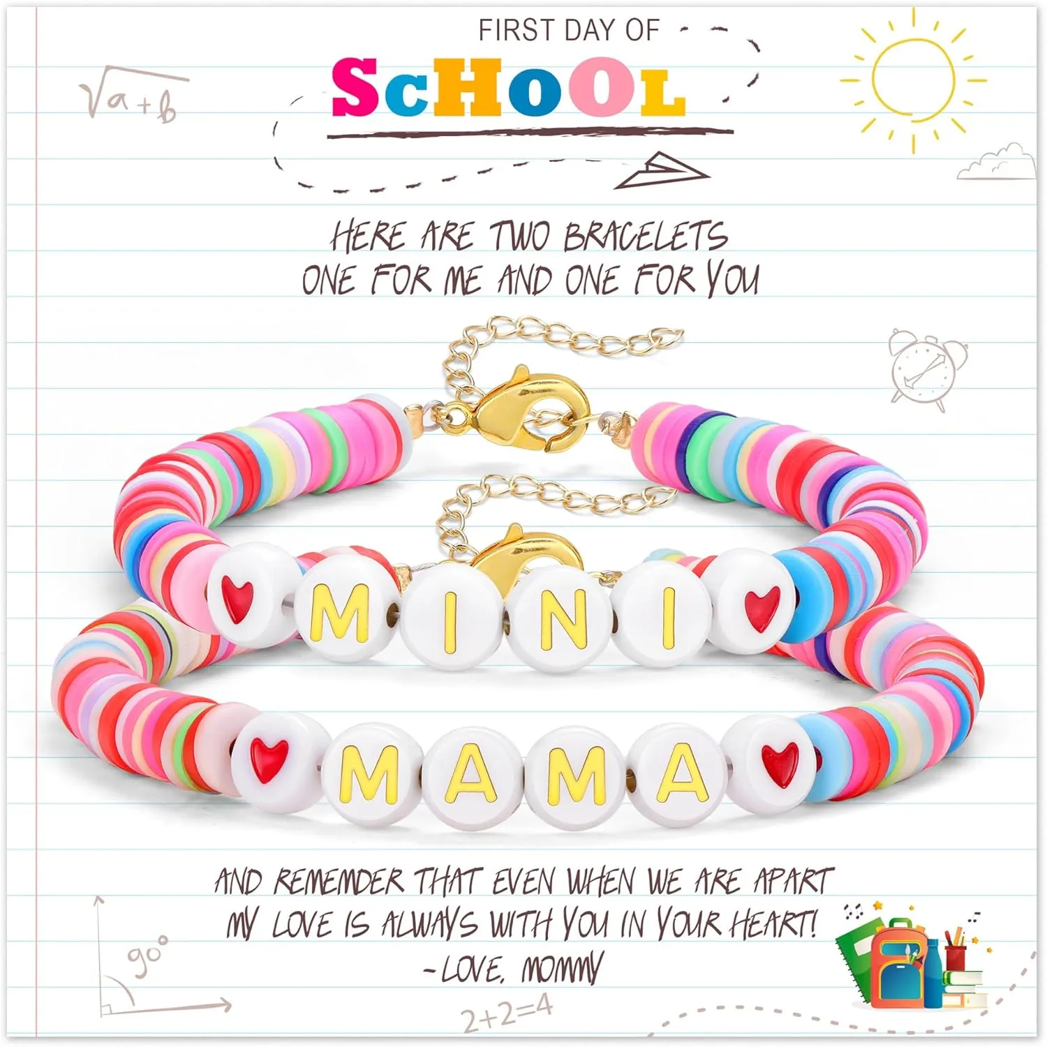 Back To School Gifts for Mom and Daughter Mama and Mini Braclets First Day of School Mommy and Me Bracelet Heart Clay Bead Bracelets