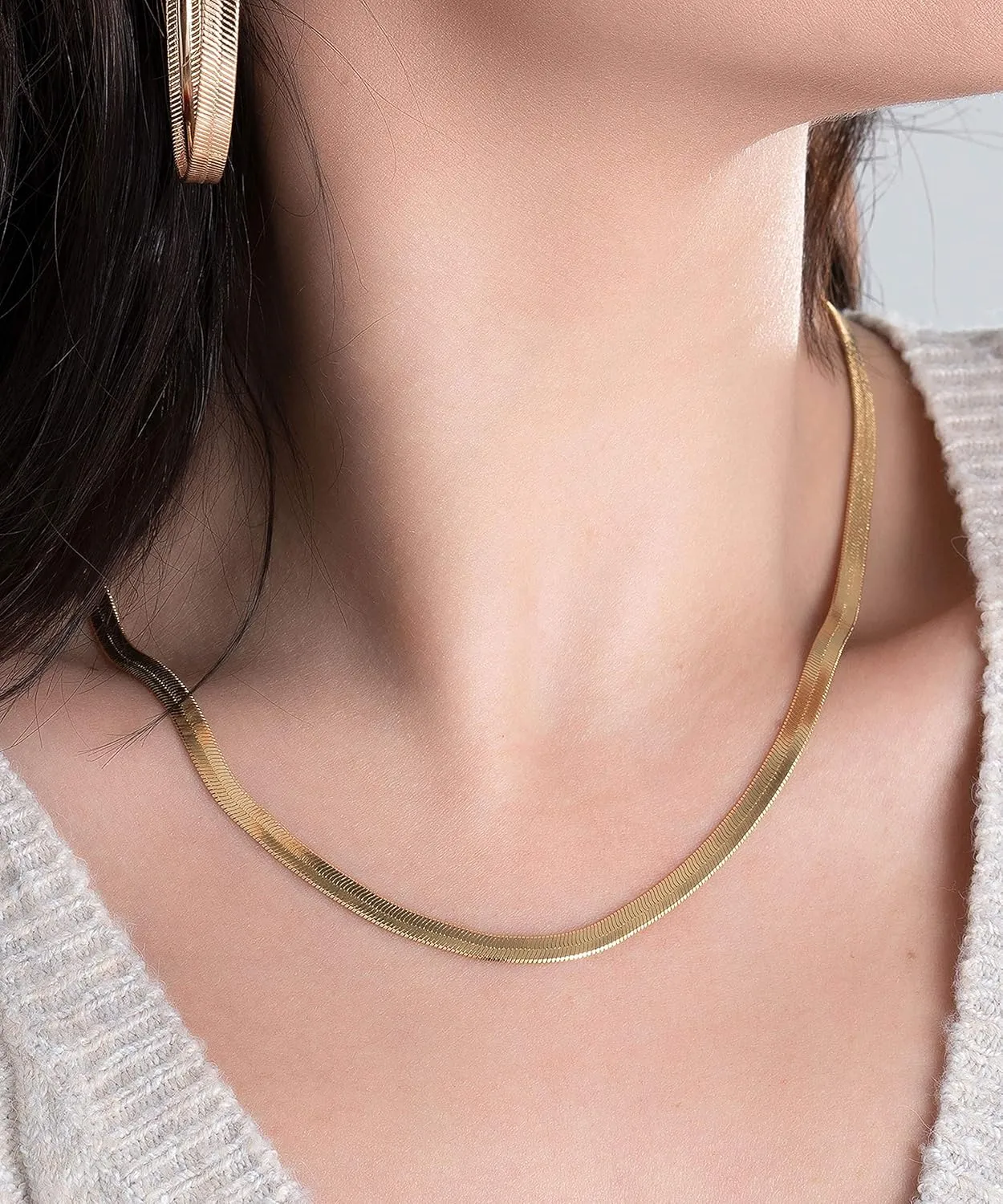 Barzel 18K Gold Plated Herringbone Chain Necklace 4MM Wide
