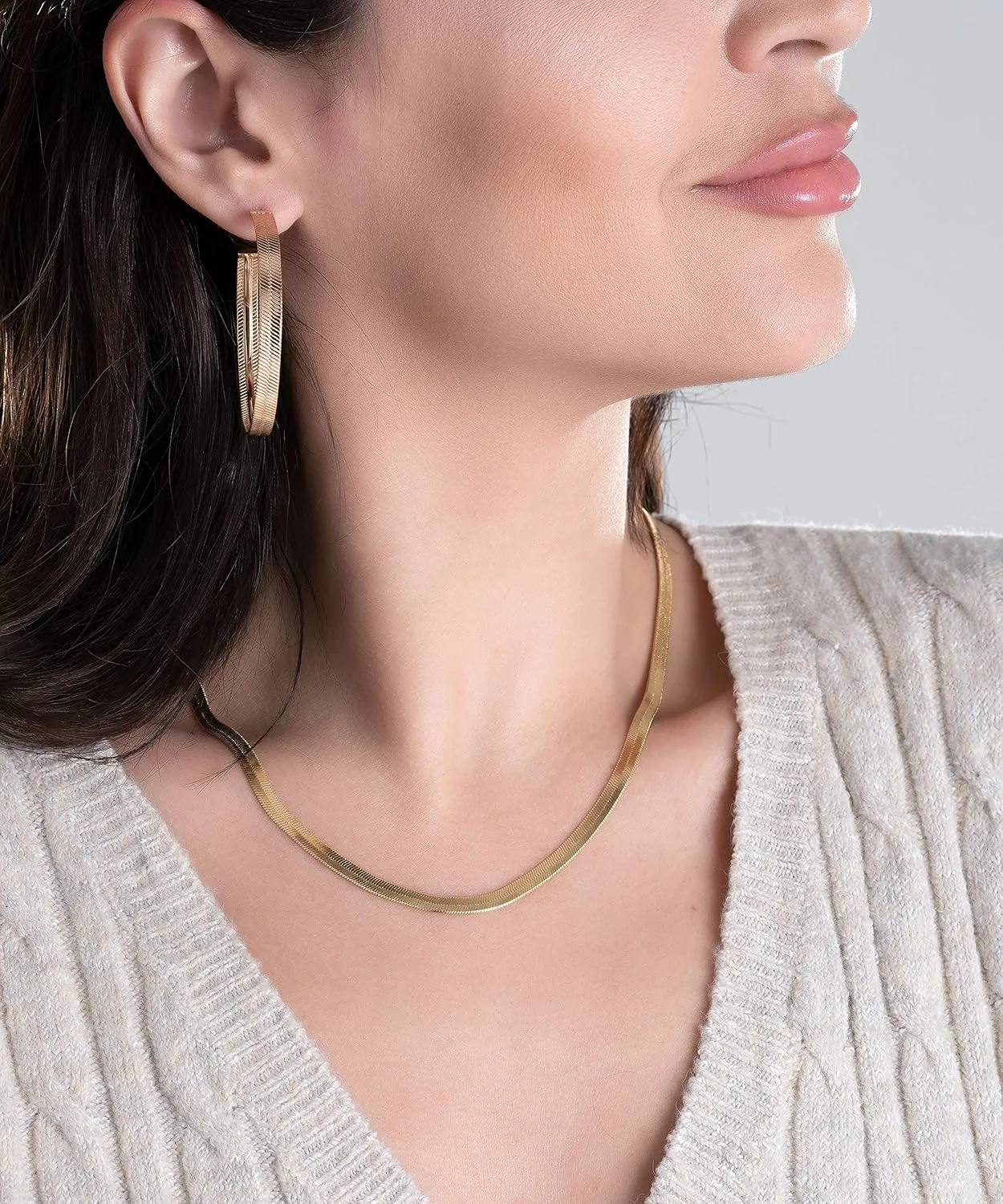 Barzel 18K Gold Plated Herringbone Chain Necklace 4MM Wide