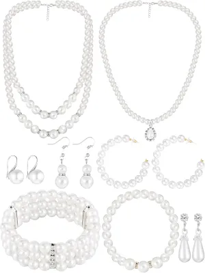 BBTO 8 Pcs Pearl Necklace and Earrings Set for Women Faux Pearl Bracelets Costume Jewelry Set for Wedding Bridal Shower Graduation Birthdays Dance Balls Party Mother's Day Gifts