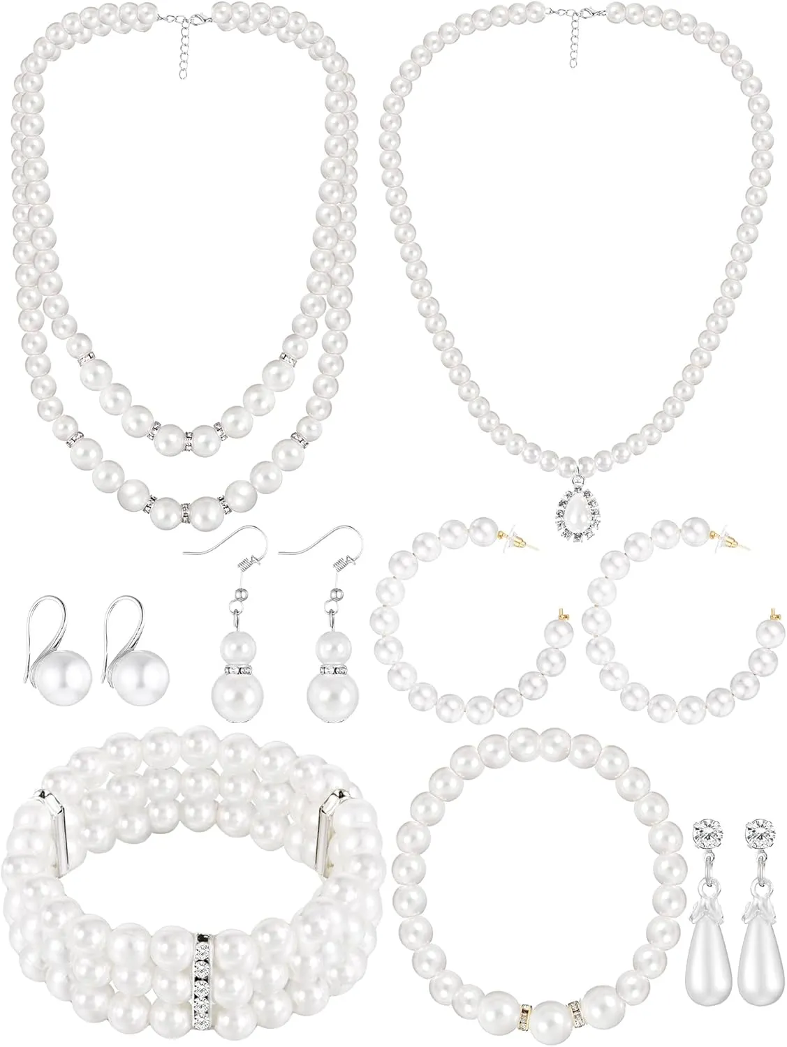 BBTO 8 Pcs Pearl Necklace and Earrings Set for Women Faux Pearl Bracelets Costume Jewelry Set for Wedding Bridal Shower Graduation Birthdays Dance Balls Party Mother's Day Gifts