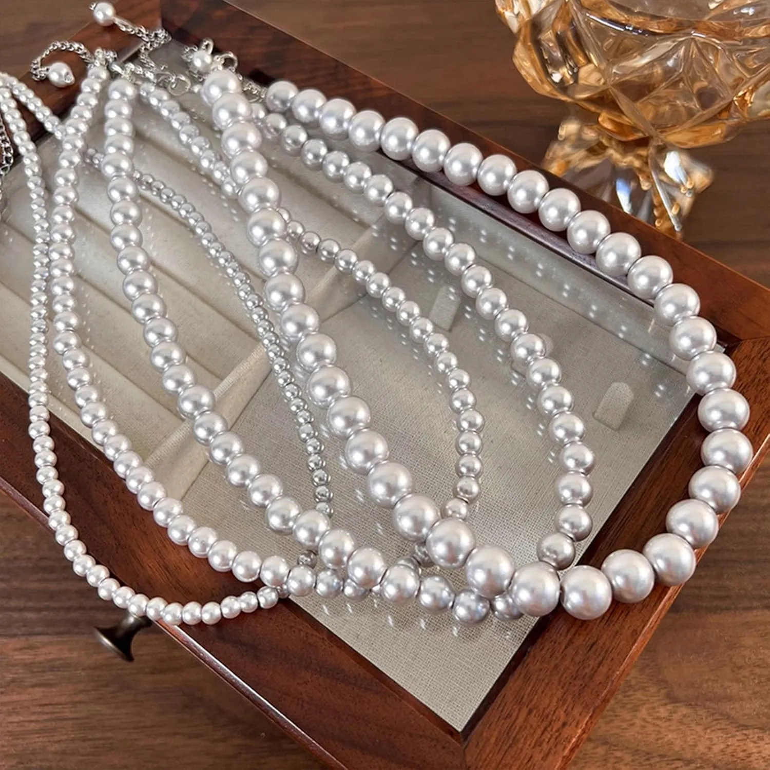 Beaded Necklaces for Men Grey Black Pearl Necklace Layered Beaded Choker for Women Strand Charm Stackable Necklace Trendy Jewelry Birthday Gifts for Her