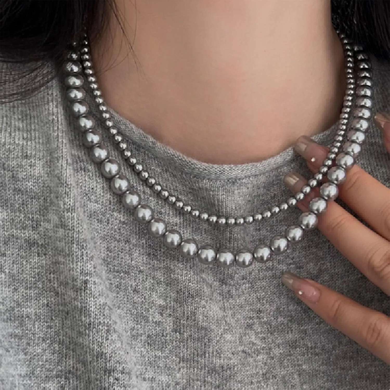 Beaded Necklaces for Men Grey Black Pearl Necklace Layered Beaded Choker for Women Strand Charm Stackable Necklace Trendy Jewelry Birthday Gifts for Her