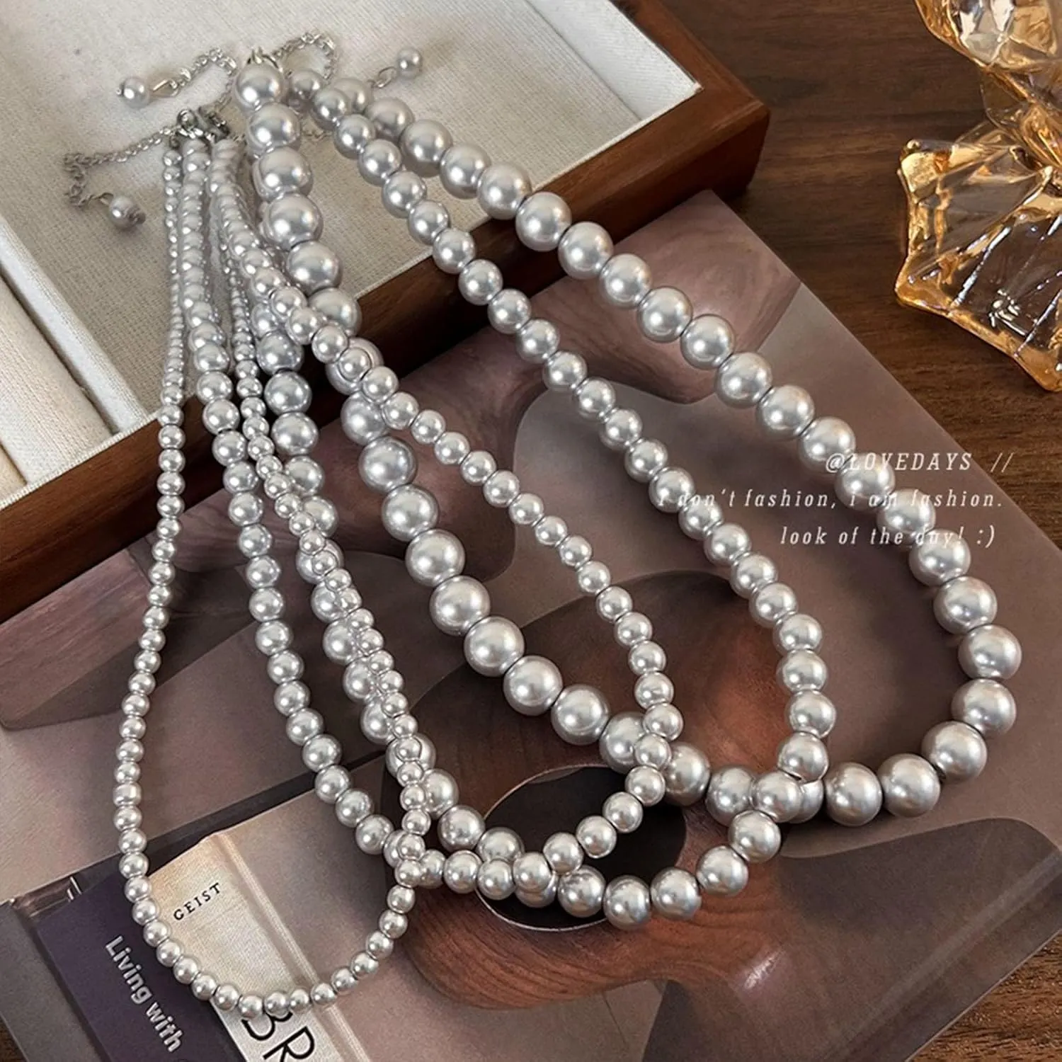Beaded Necklaces for Men Grey Black Pearl Necklace Layered Beaded Choker for Women Strand Charm Stackable Necklace Trendy Jewelry Birthday Gifts for Her