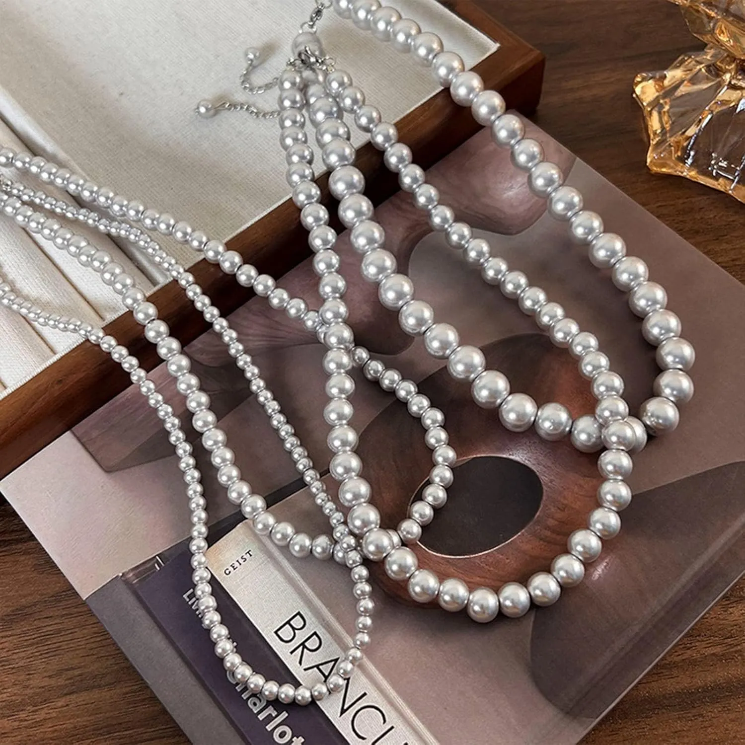 Beaded Necklaces for Men Grey Black Pearl Necklace Layered Beaded Choker for Women Strand Charm Stackable Necklace Trendy Jewelry Birthday Gifts for Her